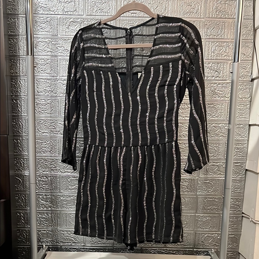 Elegant Black and Sequin Striped Romper